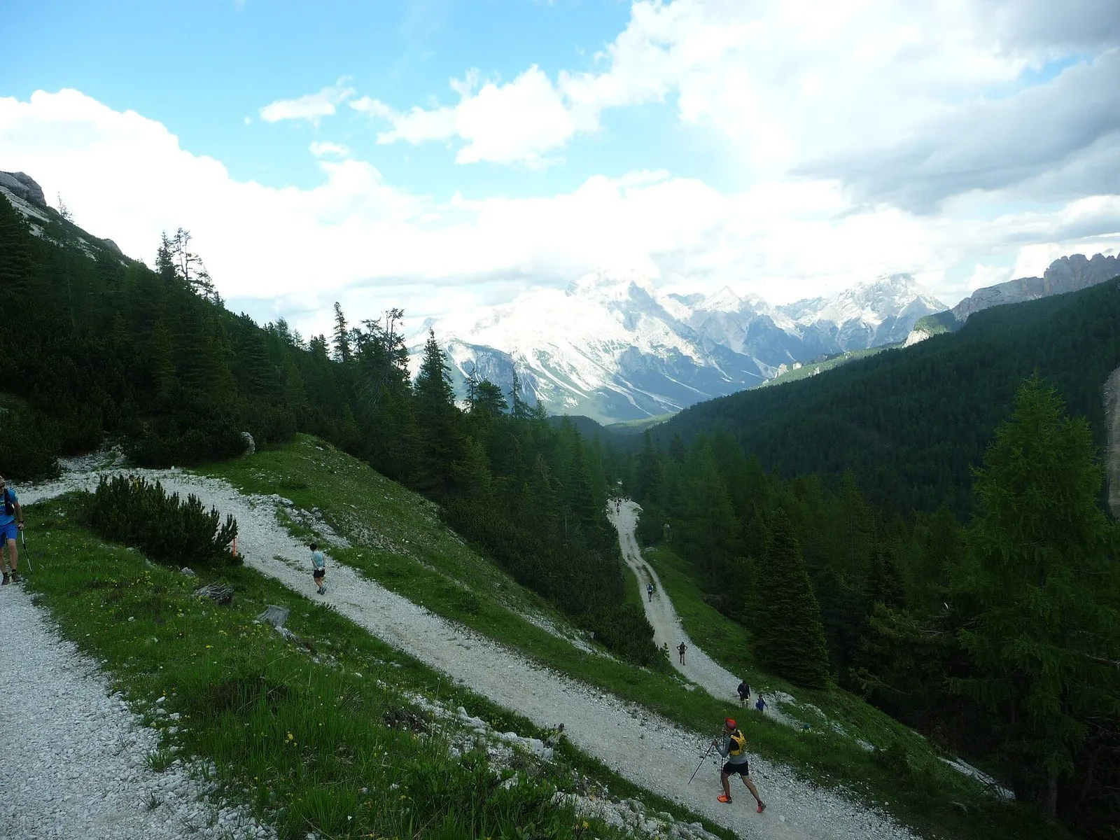 Corridori del Lavaredo Ultra Trail su una strada sterrata tra i boschi, con le montagne innevate sullo sfondo
