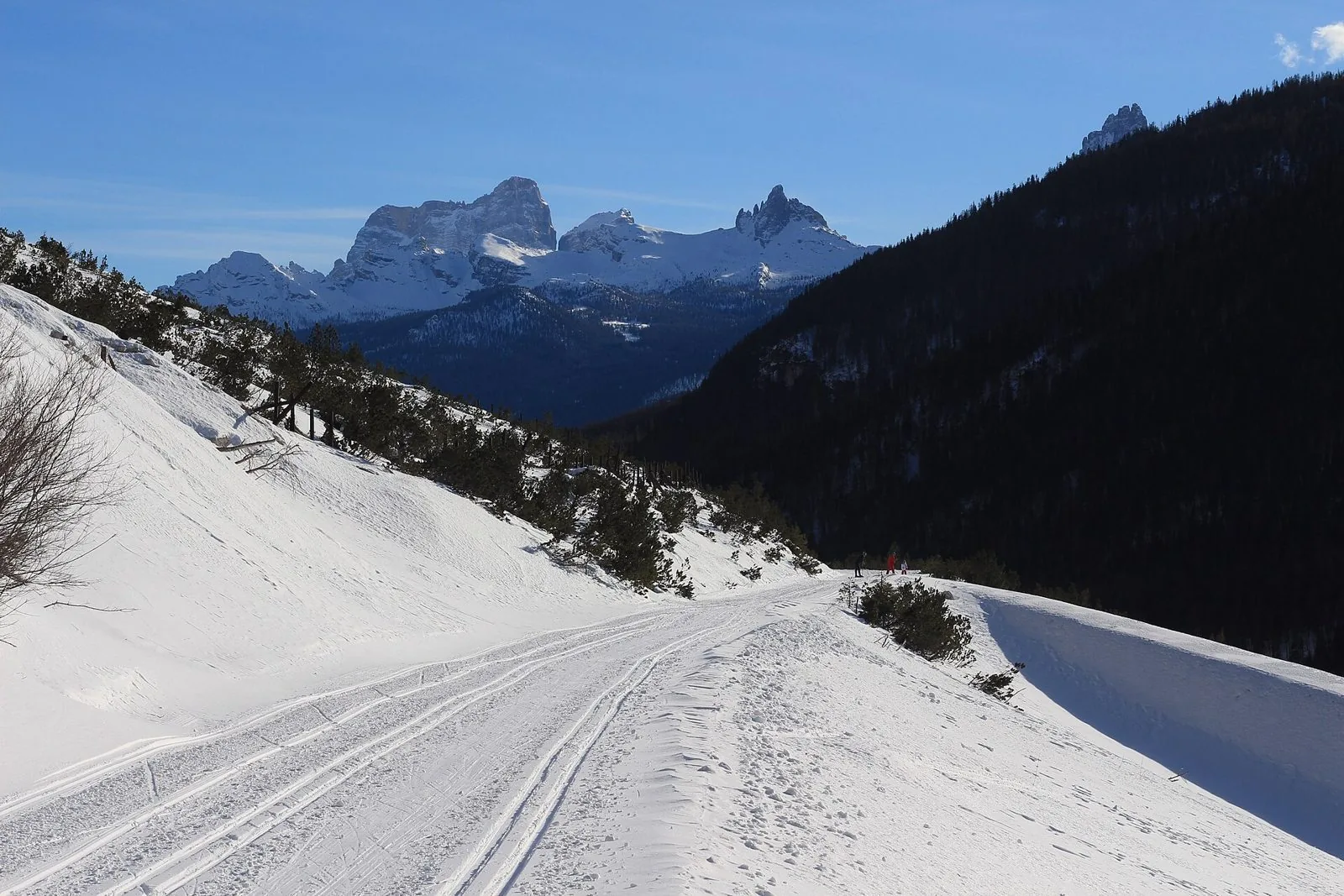 Pista da sci di fondo innevata nella zona di Fiames, a nord di Cortina d'Ampezzo, con le Dolomiti sullo sfondo