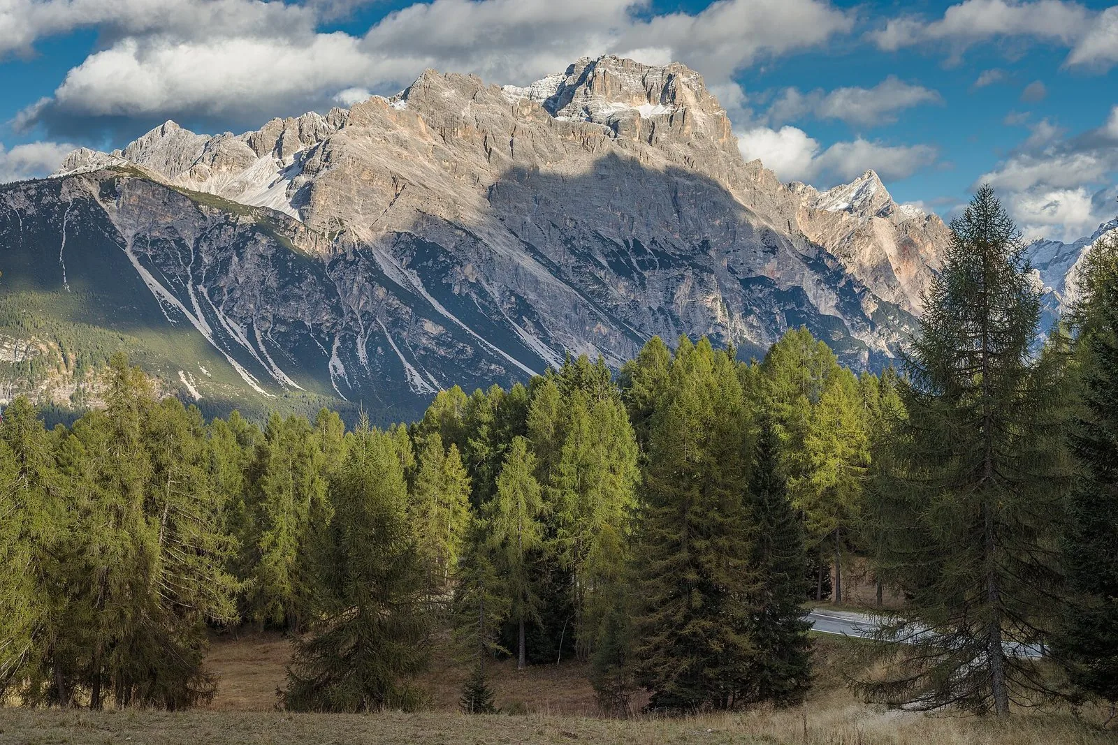 Il gruppo del Sorapiss in ottobre visto da Vervei, con i larici che iniziano a ingiallire in primo piano